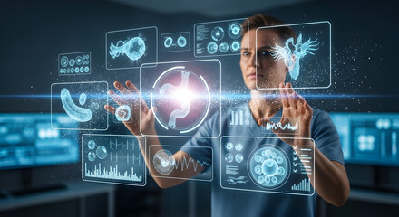 Young male researcher manipulating a futuristic holographic interface displaying complex medical and biological data in a high-tech laboratory setting.