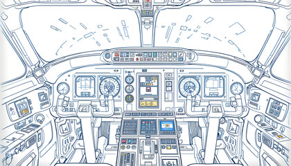 Obraz premium Detailed sketch of an airplane cockpit showcasing the instrument panel design