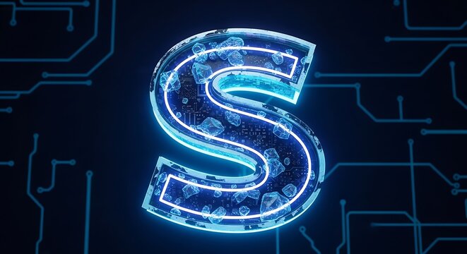 Glowing Letter S with Circuit Board and Floating Elements on Dark Background