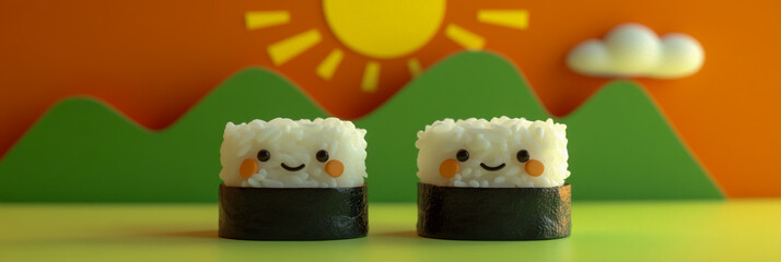 Two adorable kawaii sushi characters, with faces featuring a fluffy base of white rice and a black fish topping, cute food mascots, playful and charming designs.