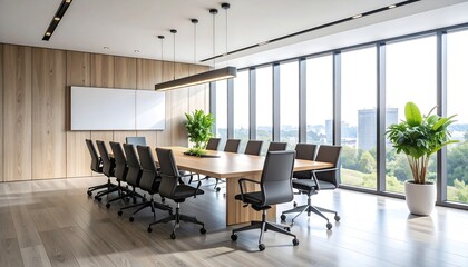 Modern conference room with large windows offering a city view, wood paneling, and a long wooden table