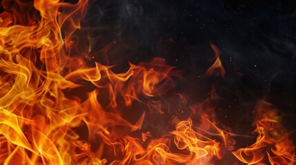 Bright orange and yellow flames with glowing embers rise against a dark, smoky background.