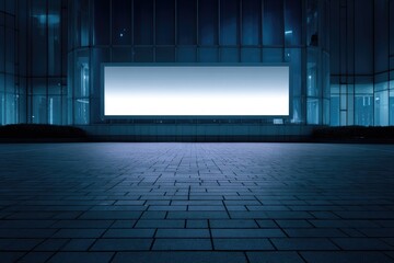 Empty billboard on a city street at night.  Modern glass building surrounds the blank advertising space.  Cool toned lighting on a paved area