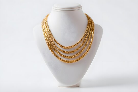 A gold necklace with multiple strands on display, against a white background. This is a product photography image, showing a front view of the necklace on a white mannequin neck.
