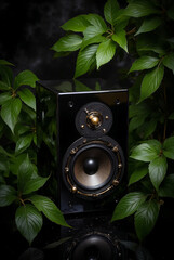 modern black speaker with elegant gold buttons and rim, lush emerald foliage casting intricate shadows, glossy black surface reflecting greenery