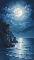 Dreamy night watercolor painting of a coastal cliff bathed in moonlight, with indigo sky and stars, gentle waves reflecting silver and midnigh blue, nightime backgrounds, wallpaper