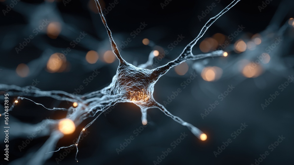 Poster a close-up perspective of a neuron showcases intricate structures and glowing connections. the setti