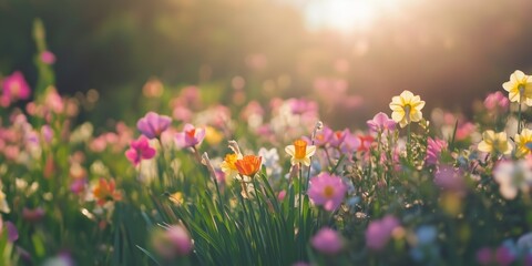 Obraz premium Vibrant field of blooming flowers in various colors, showcasing delicate petals and lush green grass, illuminated by warm sunlight, creating a serene and picturesque natural landscape