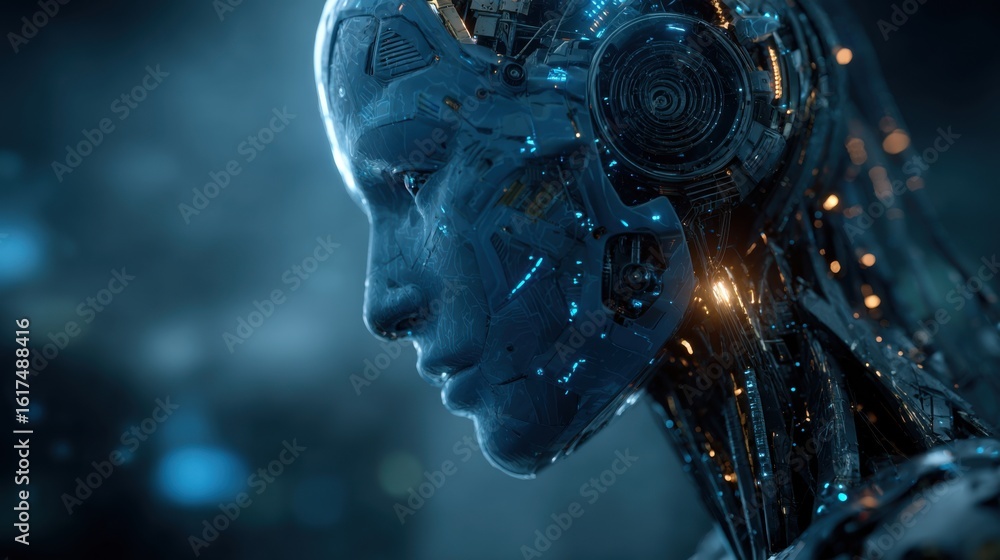 Poster a shiny, humanoid robot shows intricate designs and glowing circuitry. the backdrop features a futur