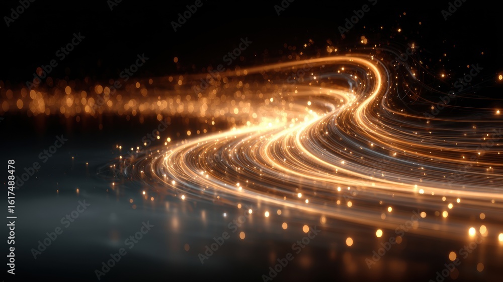 Poster dynamic light trails swirl in a dark space, creating a mesmerizing visual effect. the glowing paths 