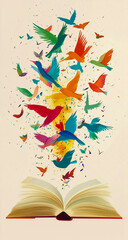 Vibrant vector illustration of a book, colorful birds flying around, flat design, clean simple lines and shapes, set against a minimalist, simple background.