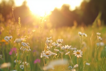 Sunlit meadow filled with wildflowers, showcasing delicate daisies and vibrant blooms, creating a serene atmosphere of nature's beauty and tranquility in golden hour light