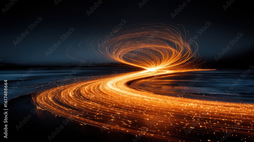 Poster sparks swirl in a dynamic arc, illuminating a dark landscape at night. the glowing trails create an 