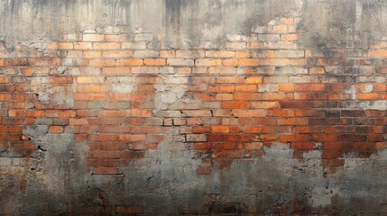 Obraz premium Weathered brick wall with peeling gray plaster revealing red bricks underneath, showing signs of aging and decay.