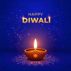 Brightly lit traditional diya lamp glowing on a dark blue background with happy diwali text