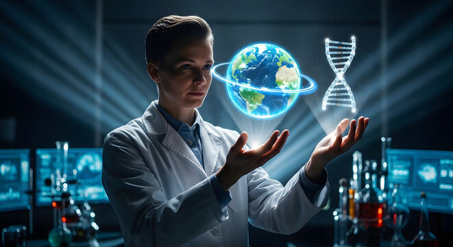 Female scientist in a lab coat holds holographic projections of Earth and DNA, surrounded by scientific equipment. - Powered by Adobe