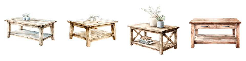 Watercolor Rustic Coffee Tables - Set of Four Farmhouse Style Tables