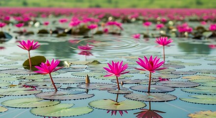 Vibrant Pink Lotus Flowers and Lily Pads on a Serene Lake with Water Ripples