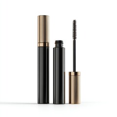 Obraz premium Two black mascara tubes, gold caps, isolated