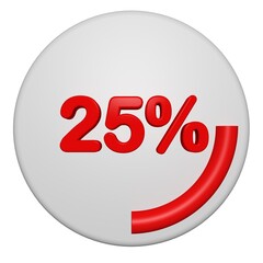 3D 25 Percent Progress Circle Icon. Red Circular Loading Badge on White Background. 3D 25% Pie Chart.