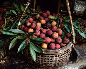 freshly harvested lychees with leaves, lychees in market basket setup, traditional basket of lychees,traditional fruit harvest scenes, tropical fruit with foliage, rustic market produce photography. 