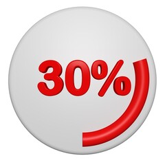 3D 30 Percent Progress Circle Icon. Red Circular Loading Badge on White Background. 3D 30% Pie Chart.