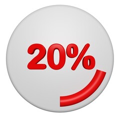 3D 20 Percent Progress Circle Icon. Red Circular Loading Badge on White Background. 3D 20% Pie Chart.
