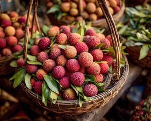 freshly harvested lychees with leaves, lychees in market basket setup, traditional basket of lychees,traditional fruit harvest scenes, tropical fruit with foliage, rustic market produce photography. 