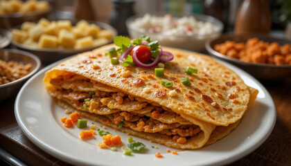 Delicious Chapati Crepe with Filling Served on a White Plate