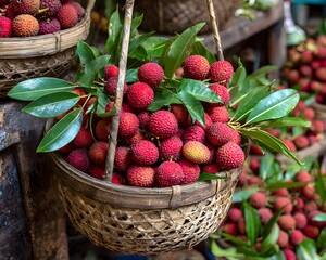 freshly harvested lychees with leaves, lychees in market basket setup, traditional basket of lychees,traditional fruit harvest scenes, tropical fruit with foliage, rustic market produce photography. 