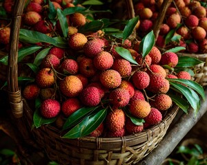 freshly harvested lychees with leaves, lychees in market basket setup, traditional basket of lychees,traditional fruit harvest scenes, tropical fruit with foliage, rustic market produce photography. 