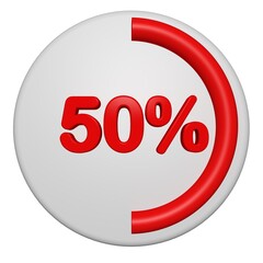 3D 50 Percent Progress Circle Icon. Red Circular Loading Badge on White Background. 3D 50% Pie Chart.