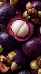 freshly opened mangosteen top-down, mangosteen with white pulp and shell, mangosteen close-up fruit detail, exotic fruit macro photography, minimalist food composition, mangosteen tropical detail shot