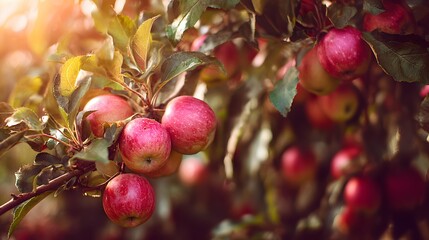 apple orchard harvest, apple orchard wide view, apple orchard warm light, Apple Harvest Landscape, Golden Hour Orchard Views, Rural Fruit Farming Scene