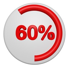 3D 60 Percent Progress Circle Icon. Red Circular Loading Badge on White Background. 3D 60% Pie Chart.