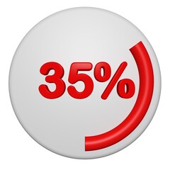 3D 35 Percent Progress Circle Icon. Red Circular Loading Badge on White Background. 3D 35% Pie Chart.