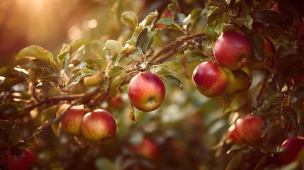 apple orchard harvest, apple orchard wide view, apple orchard warm light, Apple Harvest Landscape, Golden Hour Orchard Views, Rural Fruit Farming Scene