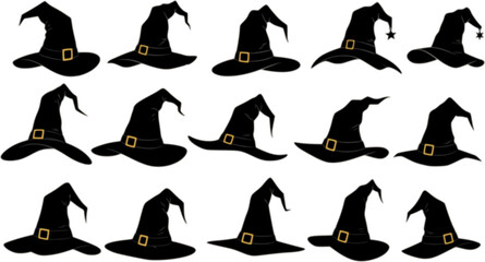 vector set of Illustration of different witch hats isolated on white
