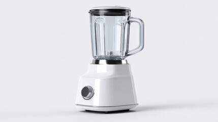 A single, crisp 4K photorealistic image of a modern electric blender, minimalist design, with its pitcher and base clearly visible, isolated on a pure white background. Bright, even studio lighting