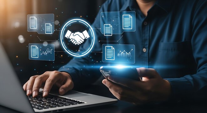 Digital handshake symbolizes trust and collaboration in business