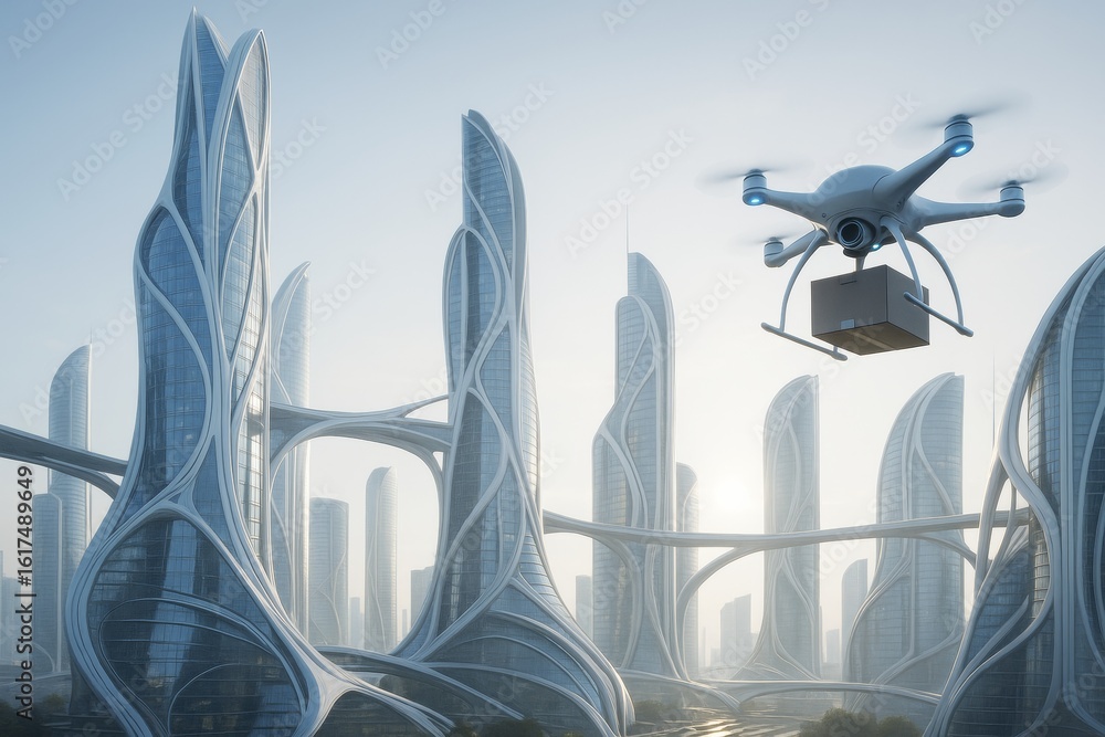 Aufkleber futuristic cityscape with abstract skyscrapers and a delivery drone flying in daylight over modern a