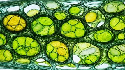 Close-up view of a vibrant green and yellow cellular structure.