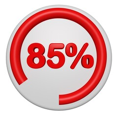 3D 85 Percent Progress Circle Icon. Red Circular Loading Badge on White Background. 3D 85% Pie Chart.