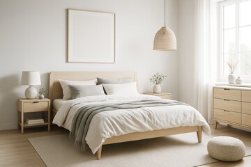 Minimalist natural wood bedroom interior with soft lighting, modern furniture and cozy decor in Scandinavian style, bright and serene atmosphere. Ai generative