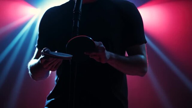 Person holding ping pong paddles on stage under spotlights