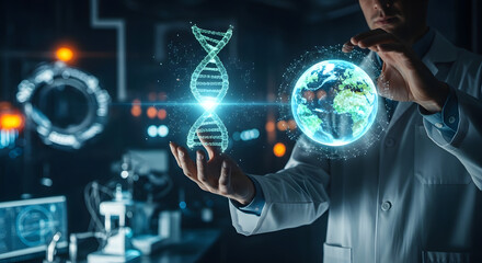 Futuristic scientist manipulating holographic DNA and Earth globe in a high-tech laboratory.