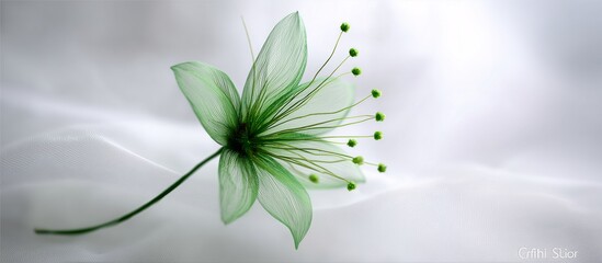 Green artificial flower with delicate petals and fuzzy stamens on soft white fabric. Abstract botanical art.