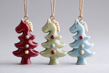 Three colorful ceramic Christmas tree ornaments shaped like horses, hanging with ropes. Holiday decoration for festive celebration.