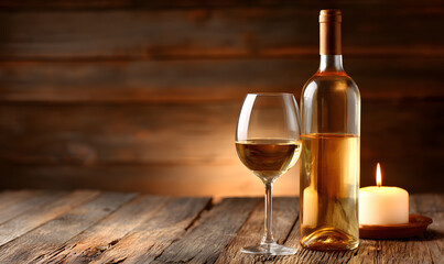 Romantic warm golden hour setting with wine bottle and glass cozy floral background intimate and elegant dining atmosphere. generative aI