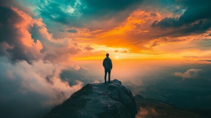 A lone figure stands on a mountaintop, silhouetted against a vibrant sunset and clouds.